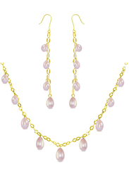 Vera Perla 2-Pieces 18K Gold Chain Drop Jewellery Set for Women, with Necklace and Earrings, with Pearl Stone, Gold/Purple