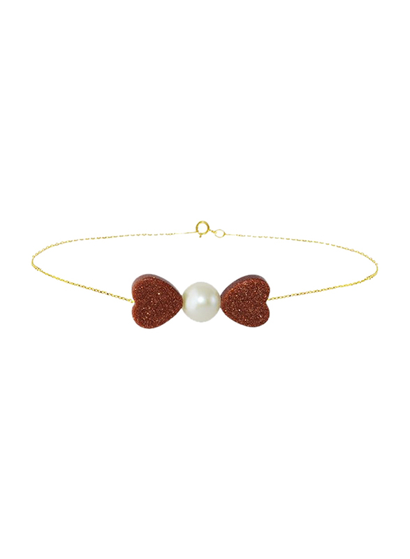 Vera Perla 18K Gold Chain Bracelet for Women, with Sunstones and Pearl Heart Bow Stone, Gold/White/Red