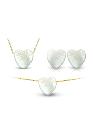 Vera Perla 3-Pieces 18K Gold Jewellery Set for Women, with Necklace, Earrings and Bracelet, with Heart Shape Mother of Pearl Stone, White/Gold