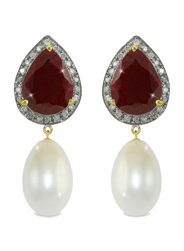 Vera Perla 18K Gold Drop Earrings for Women, with 0.24 ct Diamonds Royal Ruby & Pearl Stones, Red/White