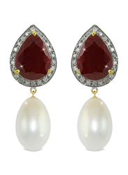 Vera Perla 18K Gold Drop Earrings for Women, with 0.24 ct Diamonds Royal Ruby & Pearl Stones, Red/White