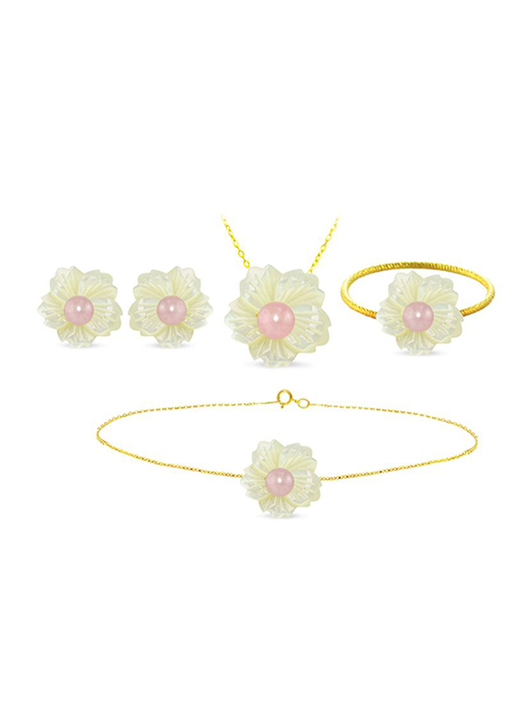 Vera Perla 4-Pieces 18K Solid Yellow Gold Pendant Necklace, Bracelet, Ring and Earrings Set for Women, with 19mm Flower Shape Mother of Pearl and 6-7mm Pearl, White/Gold/Pink