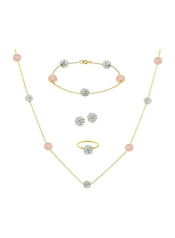 Vera Perla 4-Pieces 18K Solid Gold Jewellery Set for Women, with Necklace, Ring, Bracelet and Earrings, with Built-in Gradual Crystal Ball and Pearls Stone, Pink/Clear