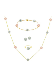 Vera Perla 4-Pieces 18K Solid Gold Jewellery Set for Women, with Necklace, Ring, Bracelet and Earrings, with Built-in Gradual Crystal Ball and Pearls Stone, Pink/Clear