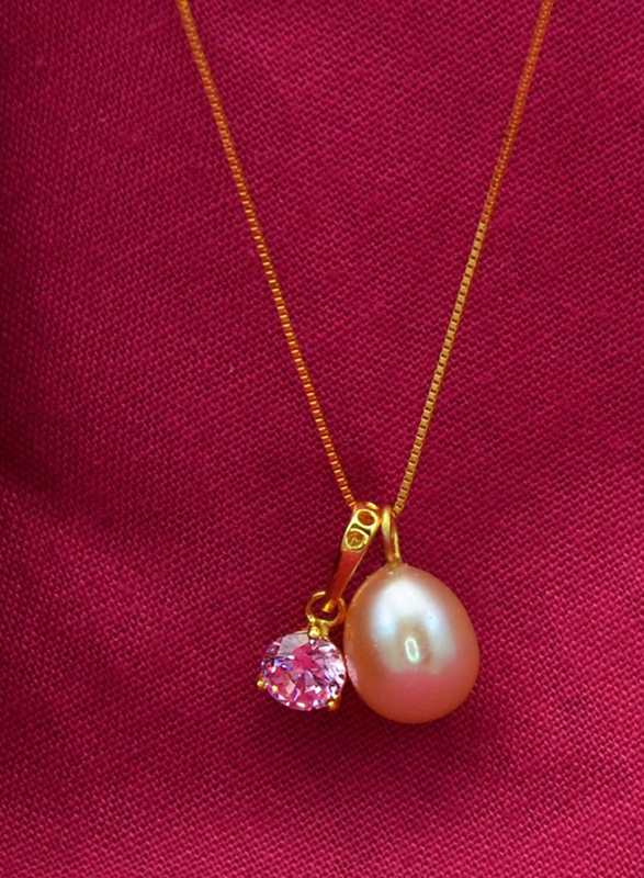 Vera Perla 18K Solid Yellow Gold Necklace for Women, with Zircon and 7 mm Pearl Stone Pendant, Pink/Gold/Peach