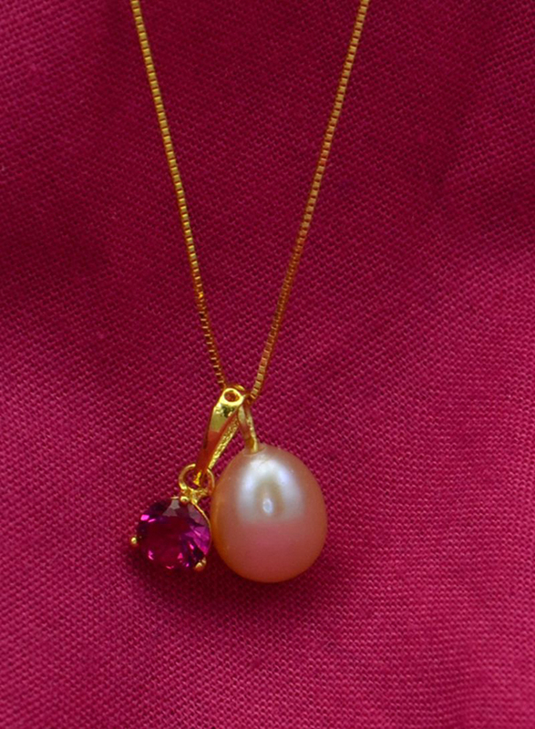 Vera Perla 18K Solid Yellow Gold Necklace for Women, with Zircon and 7 mm Pearl Stone Pendant, Pink/Rose Gold/White
