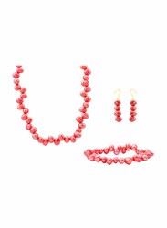 Vera Perla 3-Pieces 18K Gold Strand Jewellery Set for Women, with Necklace, Bracelet and Earrings, with Pearl Stones, Red