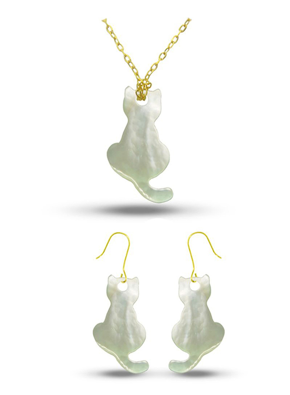 Vera Perla 2-Pieces 18K Gold Jewellery Set for Women, with Necklace and Earrings and Kitty Back Shape Mother of Pearl Stone, White