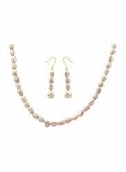 Vera Perla 2-Pieces 18K Gold Strand Jewellery Set for Women, with Necklace and Earrings, with Pearl Stones, Off White