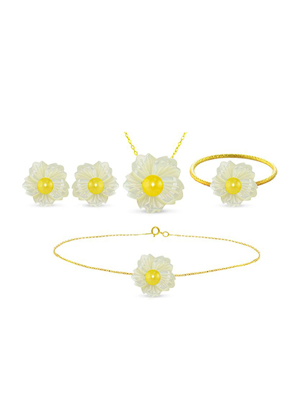 Vera Perla 4-Pieces 18K Solid Yellow Gold Pendant Necklace, Bracelet, Ring and Earrings Set for Women, with 19mm Flower Shape Mother of Pearl and 6-7mm Pearl, White/Gold/Yellow