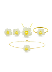 Vera Perla 4-Pieces 18K Solid Yellow Gold Pendant Necklace, Bracelet, Ring and Earrings Set for Women, with 19mm Flower Shape Mother of Pearl and 6-7mm Pearl, White/Gold/Yellow