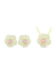 Vera Perla 2-Pieces 18K Solid Yellow Gold Pendant Necklace and Earrings Set for Women, with 19mm Flower Shape Mother of Pearl and 6-7mm Pearl, White/Gold/Pink