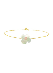 Vera Perla 18K Solid Yellow Gold Chain Bracelet for Women, with Flower Shape Mother of Pearl and 7mm Freshwater Pearl Stone, Gold/Jade/Pink