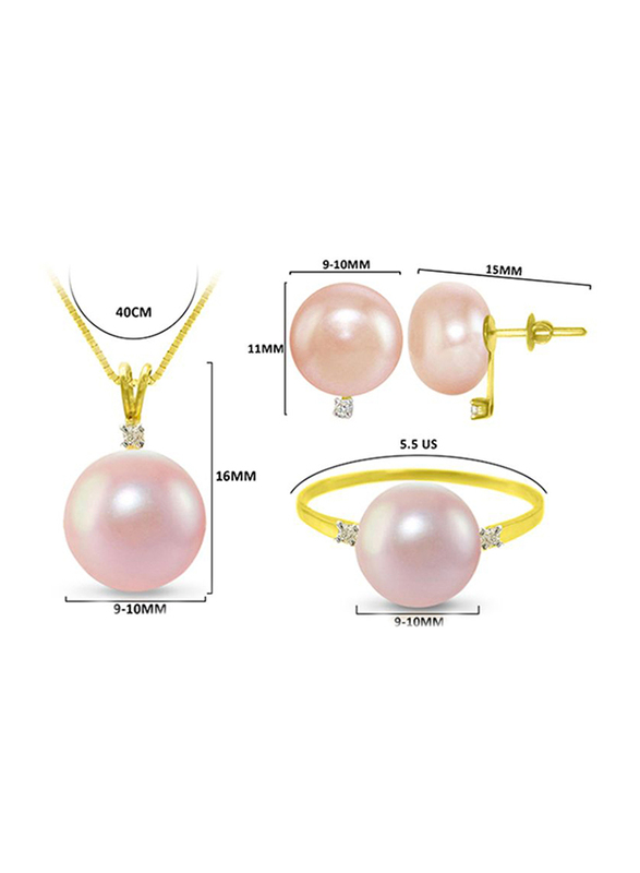 Vera Perla 3-Pieces 18K Gold Pendant Necklace, Earrings and Ring Set for Women, with 0.08ct Diamonds and 9-10 mm Pearls Stone, Pink