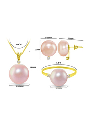 Vera Perla 3-Pieces 18K Gold Pendant Necklace, Earrings and Ring Set for Women, with 0.08ct Diamonds and 9-10 mm Pearls Stone, Pink