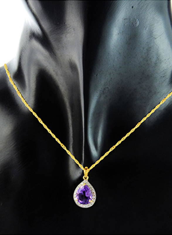 Vera Perla 18K Gold Necklace for Women, with 0.12ct Diamonds and Drop Cut Amethyst Stone Pendant, Gold/Purple