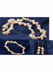Vera Perla 3-Pieces 18K Gold Strand Jewellery Set for Women, with Necklace, Bracelet and Earrings, with Pearl Stones, Rose Gold