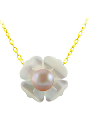 Vera Perla 18K Solid Yellow Gold Pendant Necklace for Women, with 13mm Mother of Pearl Flower Shape, with 4 mm Pearl Stones, Gold/Jade/Purple