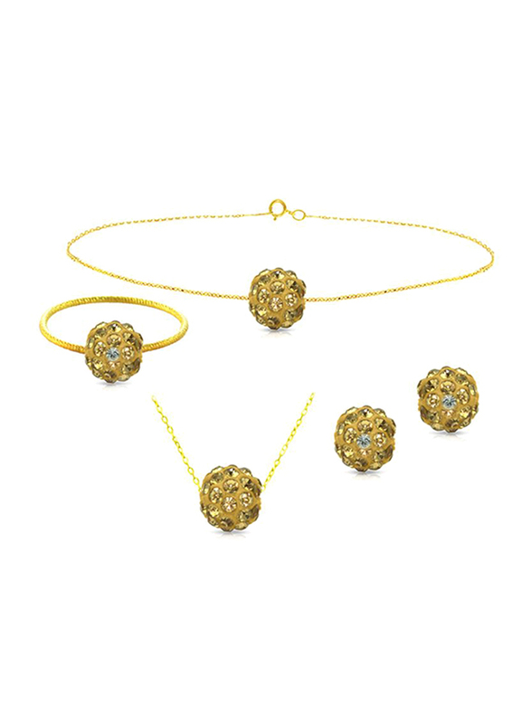 Vera Perla 4-Pieces 10K Solid Gold Earring, Bracelet, Ring and Necklace Set for Women, with 10 mm Crystal Ball, Gold