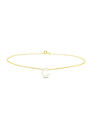 Vera Perla 18K Gold Charm Bracelet for Women, with C Letter Mother of Pearl Stone, Gold/White