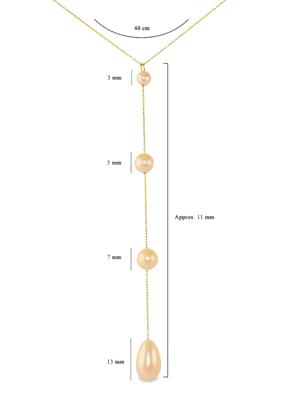 Vera Perla 18K Gold Lariat Necklace for Women, with Built-in Gradual and Drop Pearls Stone, Gold/Pink