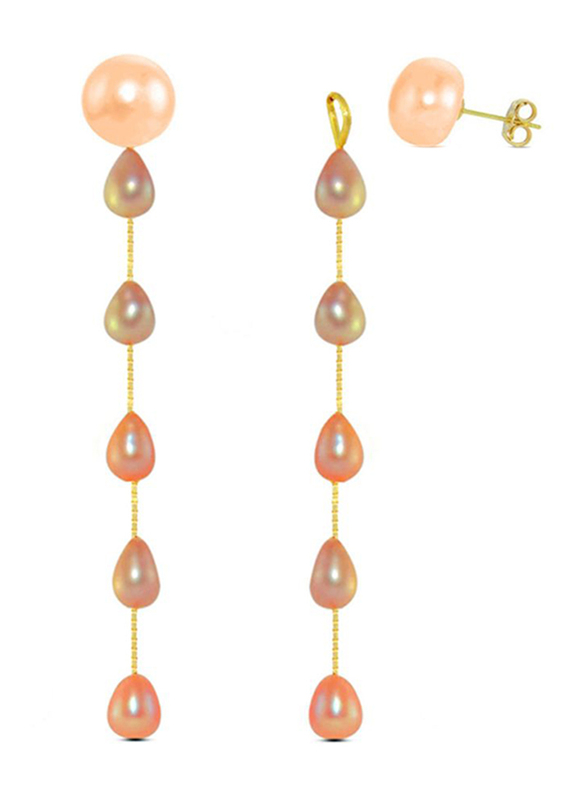 Vera Perla 18K Yellow Gold Dangle Earrings for Women, with 7mm Pearl Stone, Orange/Gold