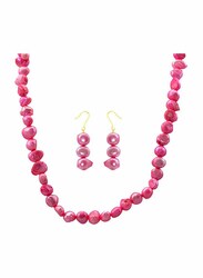 Vera Perla 2-Pieces 10K Gold Strand Jewellery Set for Women, with 38cm Necklace and Earrings, with Pearl Stones, Pink