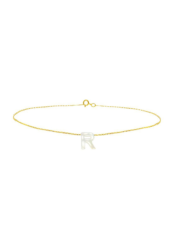 Vera Perla 18K Gold Charm Bracelet for Women, with R Letter Mother of Pearl Stone, Gold/White