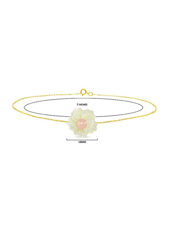 Vera Perla 18K Solid Yellow Gold Chain Bracelet for Women, with 19mm Flower Shape Mother of Pearl and 6-7mm Pearl Stone, Gold/White/Peach