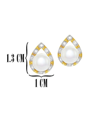 Vera Perla 18K Gold Stud Earrings for Women, with Diamonds and Pearl Stone, White/Gold