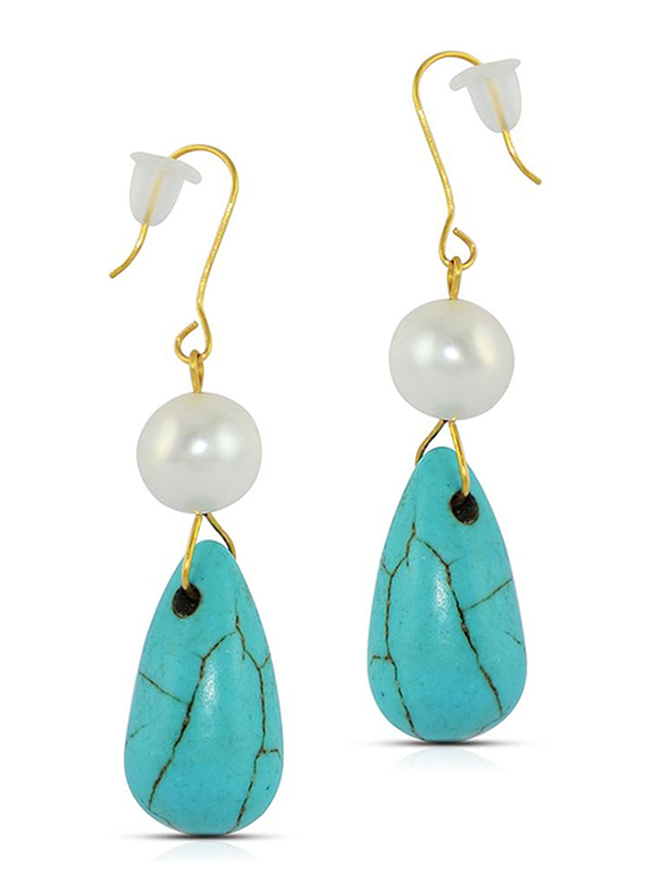 Vera Perla 10K Gold Dangle Earrings for Women, with Pearl Stone, Turquoise