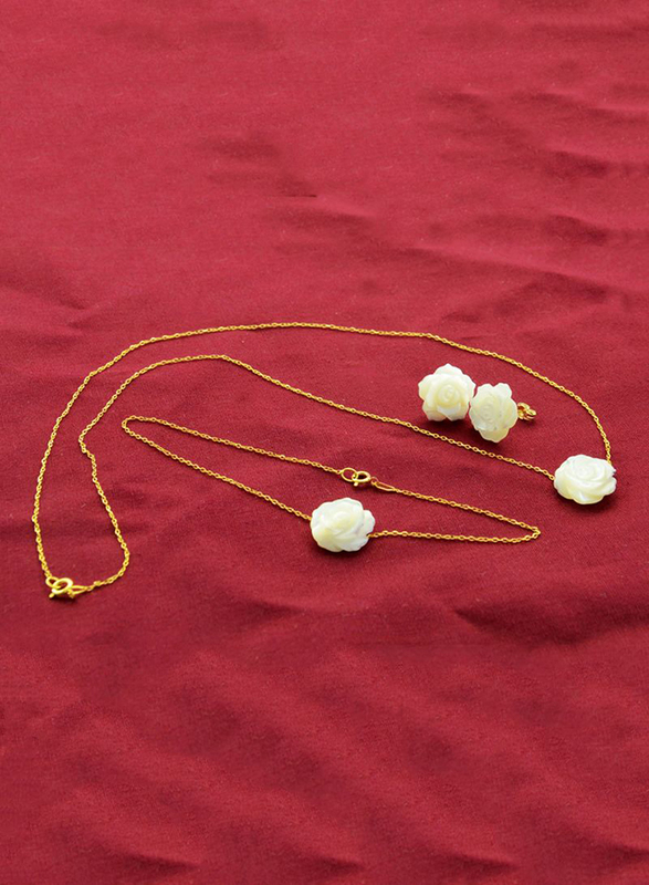 Vera Perla 3-Piece 18K Gold Jewellery Set for Women Rose Carved Mother of Pearl Stone, Necklace, Bracelet and Earrings, White