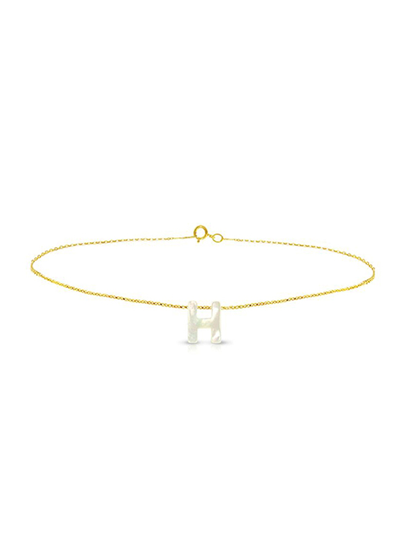 Vera Perla 18K Gold Charm Bracelet for Women, with H Letter Mother of Pearl Stone, Gold/White
