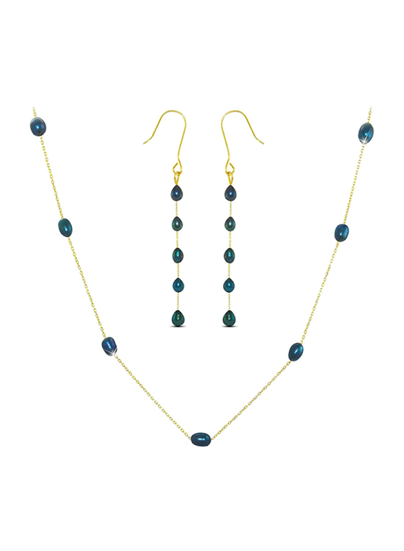 Vera Perla 2-Pieces 18K Gold Jewellery Set for Women, with Pearls Stone, Necklace and Earrings, Gold/Black