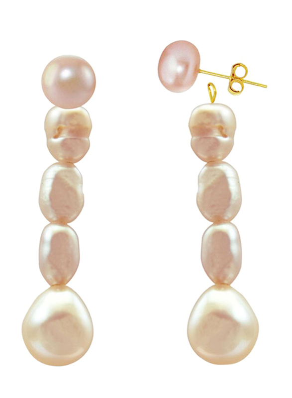 Vera Perla 18K Yellow Gold Stud, with Dangle Earrings for Women, with Pearl Stone, Pink
