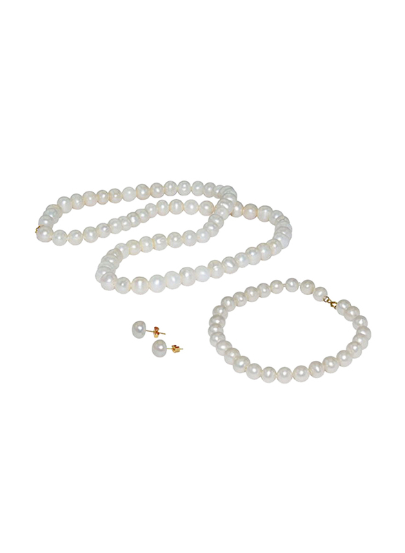 Vera Perla 3-Pieces 18K Gold Strand Jewellery Set for Women, with Necklace, Bracelet & Earrings, with Pearl Stone, White