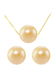 Vera Perla 2-Pieces 18K Solid Yellow Gold Jewellery Set for Women, with Necklace and Earrings, with 8mm Pearl Stones, Gold/Beige