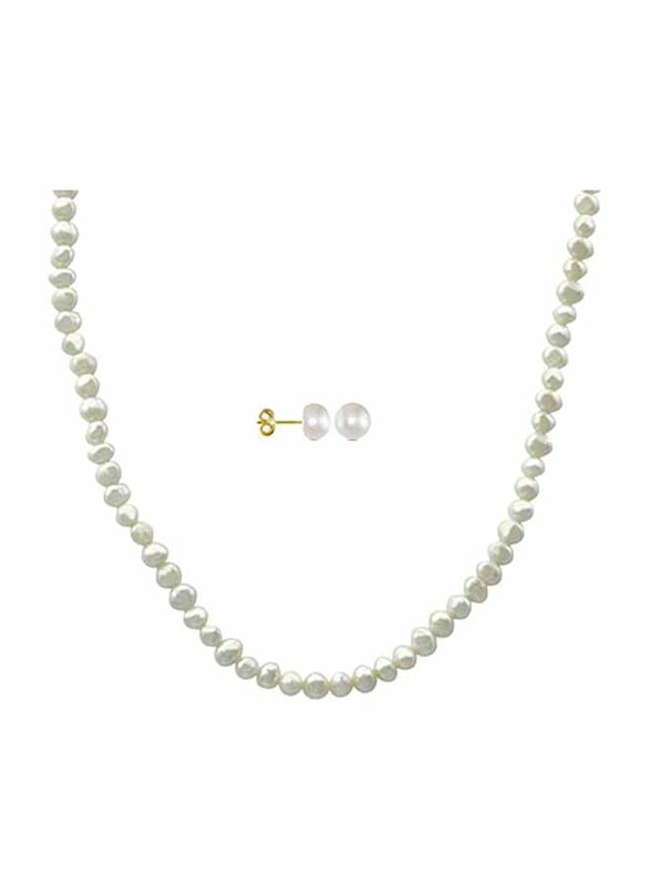 Vera Perla 2-Pieces 10K Gold Necklace for Women, with Earrings, with 6-7mm Pearl Stones, White