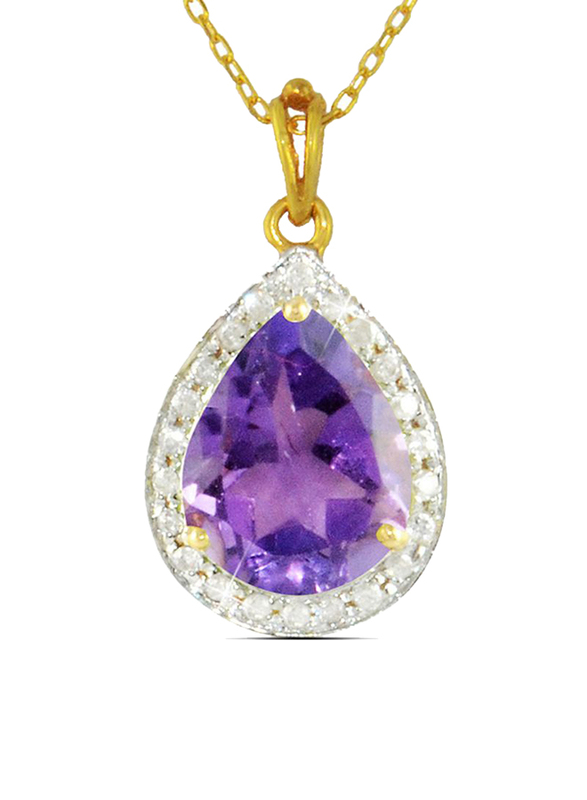 Vera Perla 18K Gold Link Chain Necklace for Women, with 0.12ct Diamonds and Drop Cut Amethyst Stone Pendant, Gold/Purple