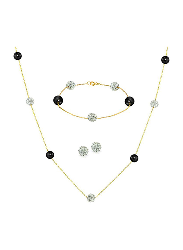 Vera Perla 3-Pieces 18K Solid Gold Jewellery Set for Women, with Necklace, Bracelet and Earrings, with Built-in Gradual Crystal Ball and Pearls Stone, Black/Clear