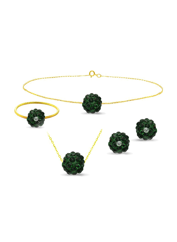 Vera Perla 4-Pieces 10K Solid Gold Earring, Bracelet, Ring and Necklace Set for Women, with 10 mm Crystal Ball, Dark Green/Gold