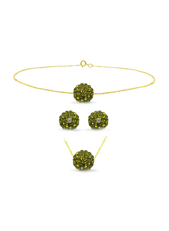 Vera Perla 3-Pieces 18K Solid Yellow Gold Simple Pendant Necklace, Bracelet and Earrings Set for Women, with 10mm Crystal Ball, Parrot Green/Gold