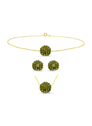 Vera Perla 3-Pieces 18K Solid Yellow Gold Simple Pendant Necklace, Bracelet and Earrings Set for Women, with 10mm Crystal Ball, Parrot Green/Gold
