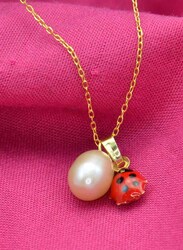 Vera Perla 18K Solid Gold Necklace for Women, with 7mm Pearl Stone and Beetle Pendant, Beige/Gold/Red