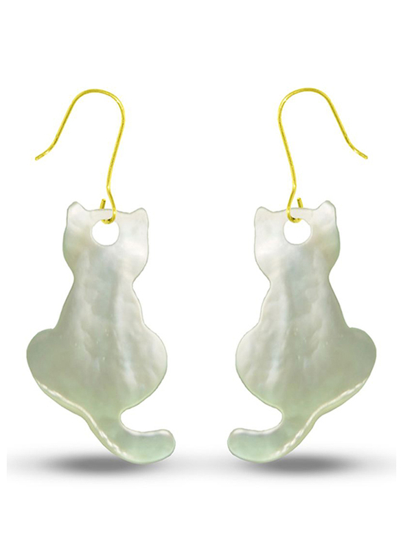 Vera Perla 18K Gold Dangle Earrings for Women, with Kitty Back Shape Mother of Pearl Stone, White/Gold