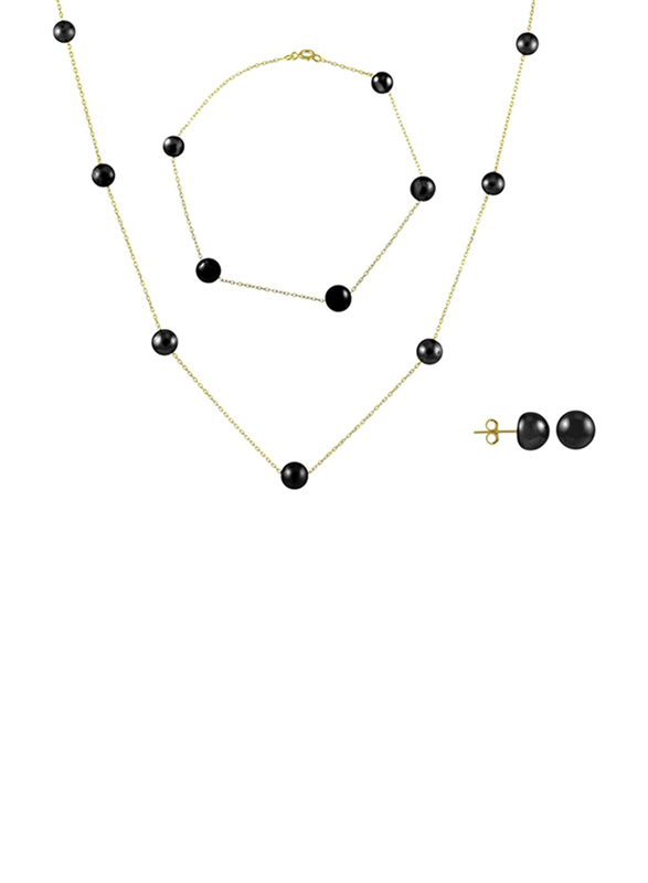 Vera Perla 3-Pieces 18K Gold Beaded Necklace for Women, with Bracelet and Earrings, with Pearl Stones, Gold/Black