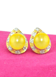 Vera Perla 18K Solid Gold Simple Balls Earrings for Women, with 0.16 ct Diamonds and 7mm Pearl Stone, Gold/Yellow