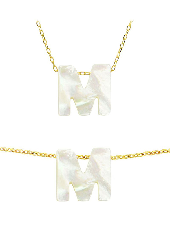 Vera Perla 2-Pieces 18K Gold Jewellery Set for Women, with Necklace and Bracelet, with M Letter Shape Mother of Pearl Stone, White/Gold