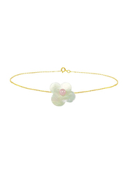 Vera Perla 18K Solid Yellow Gold Chain Bracelet for Women, with Flower Shape Mother of Pearl and 7mm Freshwater Pearl Stone, Jade/Gold/Purple