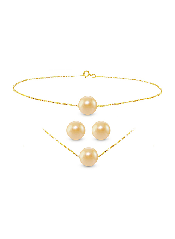 Vera Perla 3-Pieces 18K Gold Jewellery Set for Women, with Necklace, Bracelet & Earrings, with Pearl Stone, Gold/Pink
